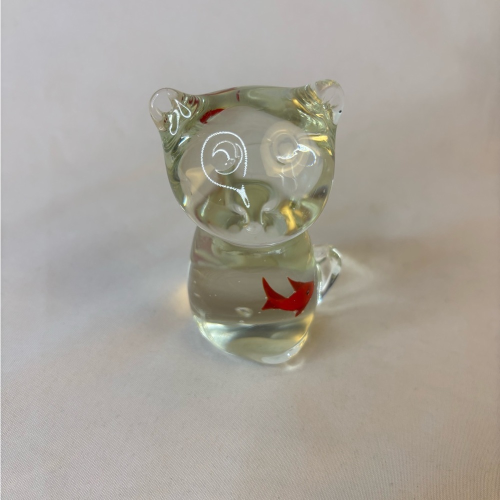Vintage Clear‎ Glass Cat Swallowed Goldfish Paper Weight.
